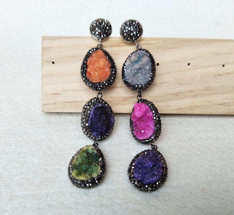 3 Pairs Random collocation Mix color stone Pave Rhinestone Quartz Druzy Stone Water Drop Earrings Jewelry Finding For Women ER569