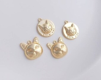 6 pieces 14k Gold Plated on Brass Cute Cat Charm, Cat Disc Pendant,Animal Charm Jewelry DIY Accessories Finding,Crafts Supplies