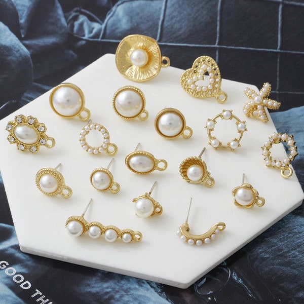 10pcs Alloy Ear Stud ,with Pearl Ear Post Earring with loop,Ear stud, Earring Attachment, DIY Jewelry Accessories