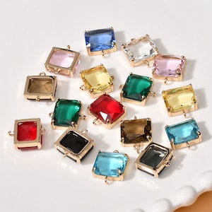 6 pieces Gold plated Crystal Glass Charm Pendant,Faceted Frame Glass Connector Charm,14x17mm Rectangle Gemstone Jewelry Supplies Findings