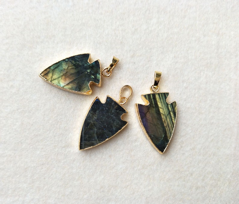 4 pcs Natural Labradorite Pendant Bead,Plated Arrowhead Handmade Gemstone Peacock Shining Labradorite Arrow DIY Jewelry Making PD262