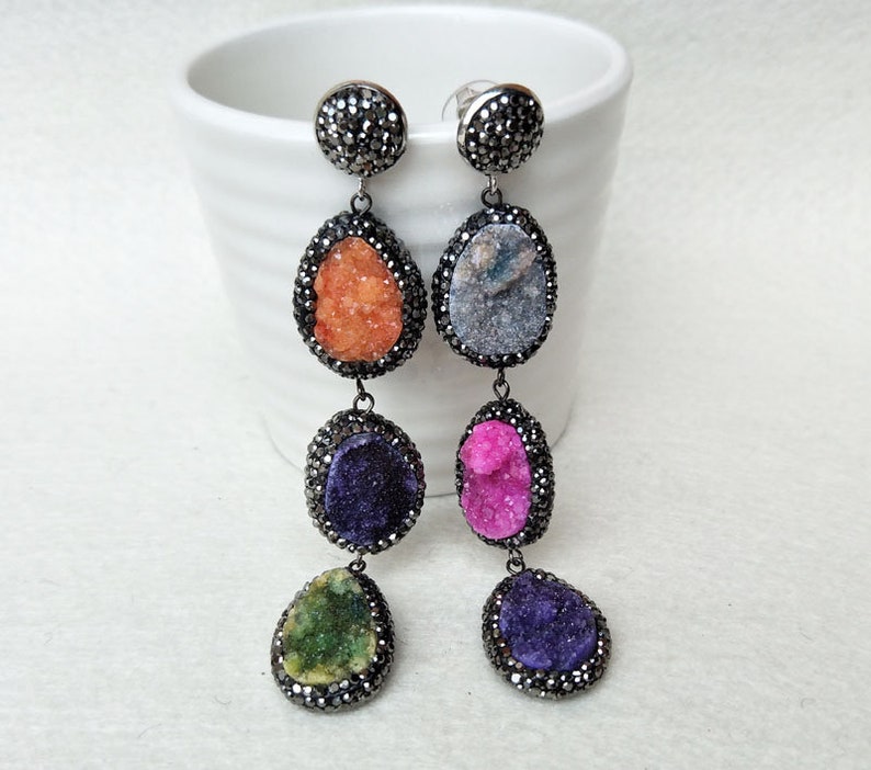 3 Pairs Random collocation Mix color stone Pave Rhinestone Quartz Druzy Stone Water Drop Earrings Jewelry Finding For Women ER569