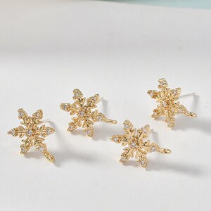 6 pcs 14K gold plated over brass cz Pave Snowflake Earring Posts, Earring Stud,Snowflake Ear Studs with loop, Earring accessories