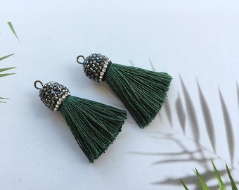 4 pcs hunter greenTassels with Rhinestone cap,Tiny silk Tassels,3.5cm silky thread tassels,Tassels Charm Jewelry Making,DIY Tassels Earrings