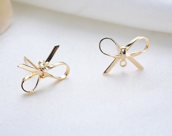 Real Gold Plated Bowknot Earring Stud, Bow Posts Earrings with Loop, Brass Bowknot Stud,Earring Finding，Jewelry Making Material