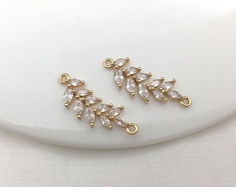 10 pieces Gold Plated CZ Pave charm, Leaves Connector Pendant, Cubic Zirconia Setting DIY Supply,bracelet necklace Jewelry Finding Supplies