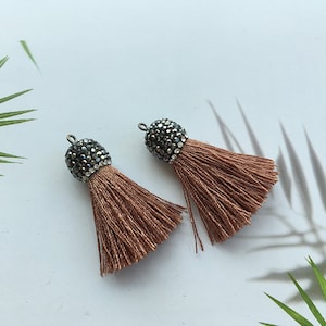 4 pieces brownTassels with Rhinestone cap,Tiny silk Tassels,3.5cm silky thread tassels,Tassels Charm Jewelry Making,DIY Tassels Earrings