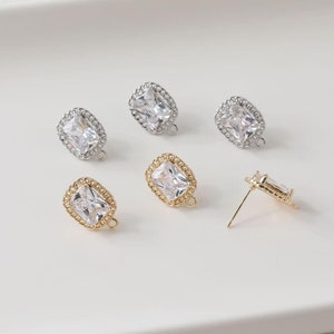 6 pieces Gold silver Plated Brass earring, Rectangle Ear Studs Post, CZ Zircon Earring Studs with loop, DIY Earring Finding Jewelry supply