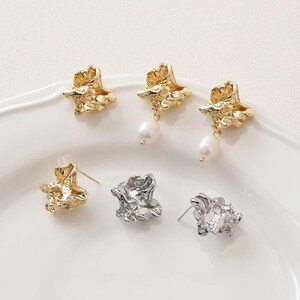 6 pcs 14K Gold Lava Shape Earring Posts, Hammered Stud Earrings With Loop, , Irregular Earring Stud Components,DIY Earring Jewelry Findings