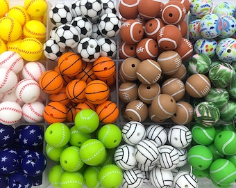 Soccer/American Football/Volleyball Silicone Beads, Bulk 15mm Round Silicone Beads, Sport Print Silicone Beads, Rugby Beads Jewelry Making