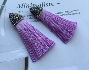 2 pieces Lvender Tassels with Rhinestone cap,Long Tassels Charm,8.5cm silk thread tassels,Boho Tassel Jewelry Making,DIY Tassels Earrings