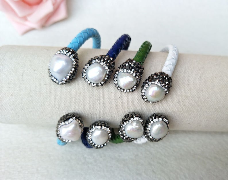 4 pieces Colorful Leather Bangle Pave Crystal Rhinestone Natural Fresh Water Pearl Cuff Jewelry Bracelet BG169