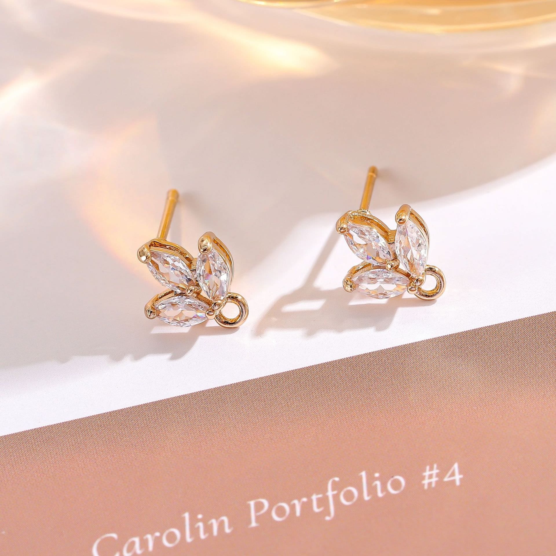 10 pieces Gold plated brass earring, zircon leaves earring stud,leaves post earring with loop, Brass earring finding,Connector Charm