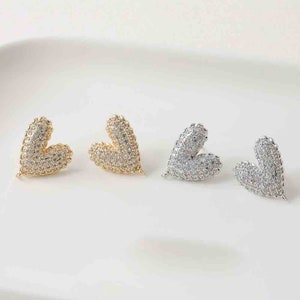 14K Gold/ silver Plated on Brass earring stud,Heart Zircon Ear Studs Post, CZ Zircon Earring Studs with loop, DIY Earring Finding supply