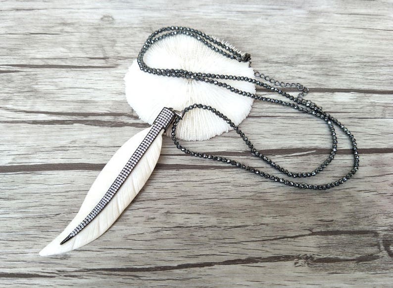 3 Strands Hematite beads necklace Unique leaf ox bone Pendant,CZ zircon Micro pave crystal Charm Boho necklaces for women NK156