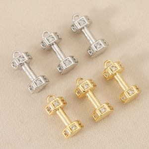Zircon Gold dumbbell Charms,CZ charm gold pendant sports bracelet necklace gym weight lifting work out fitness charm new year resolution