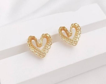 10 pieces 14k Gold Plated Brass Heart Earring Posts, Earring Stud, Ear Studs With Loop,Making Earrings Accessories