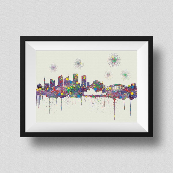 Sydney Skyline Watercolor Map Art Print Sydney Australia Skyline Ink Splash Poster Art Canvas