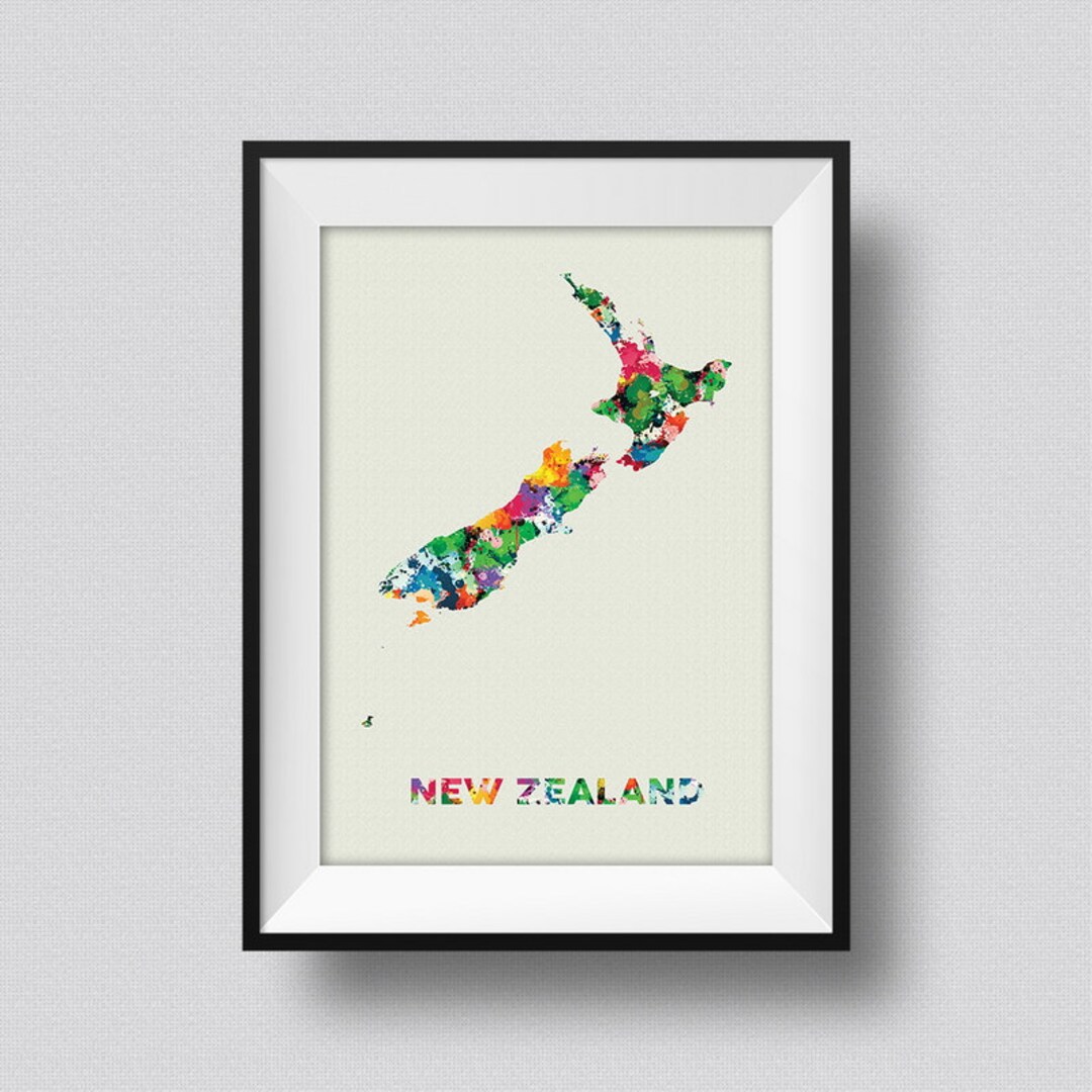 New Zealand Watercolor Map Art Print New Zealand Ink Splash Poster Art