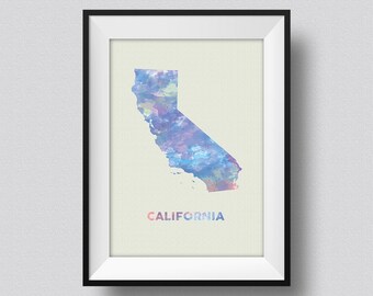 California Map USA Watercolor Art Print California Ink Splash Map Poster Art Canvas