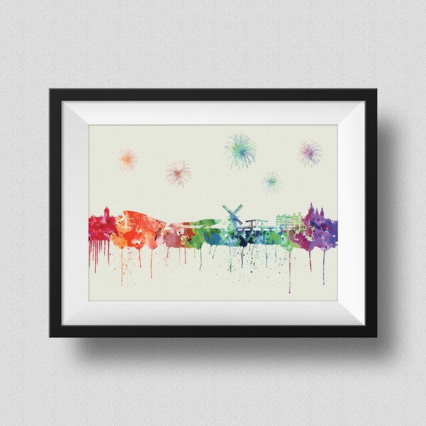 Amsterdam Skyline Rainbow Watercolor Map Art Print Amsterdam Netherlands Skyline Ink Splash Poster Art Canvas
