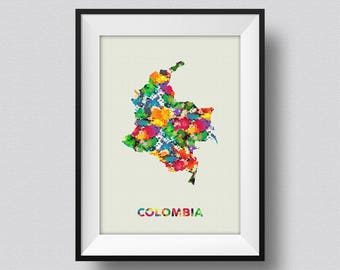 Colombia Map Watercolor, Colombia Water Color Map Art Print, Colombia Ink Splash Poster Art Print, Colombia Watercolor Map