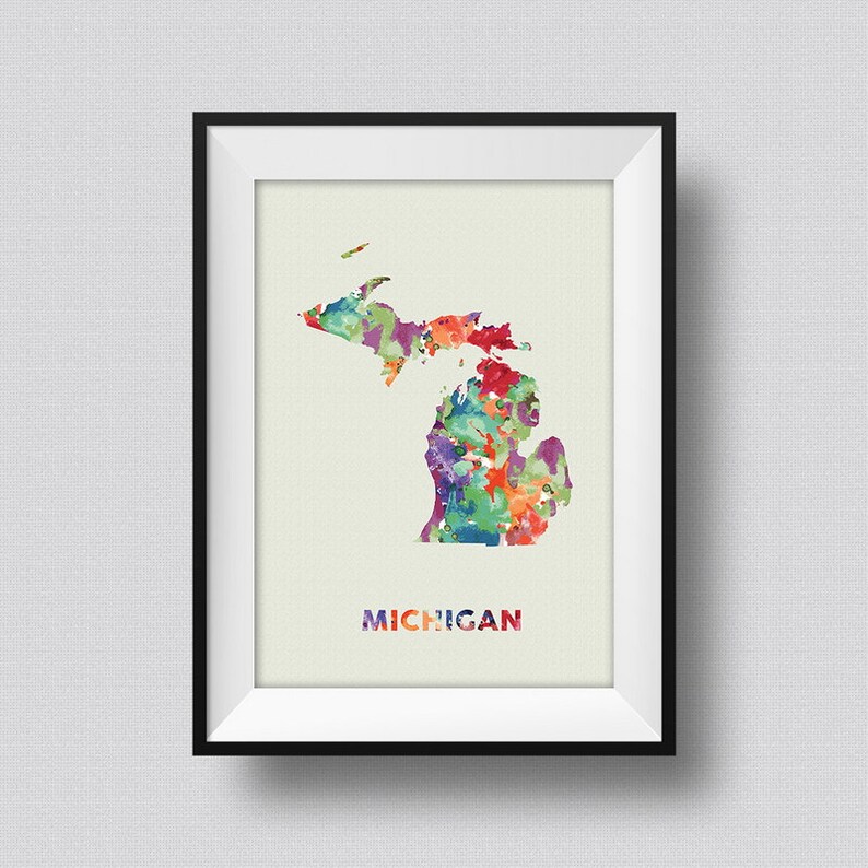 Michigan Map USA Watercolor Art Print Michigan Ink Splash Map Poster Art Canvas