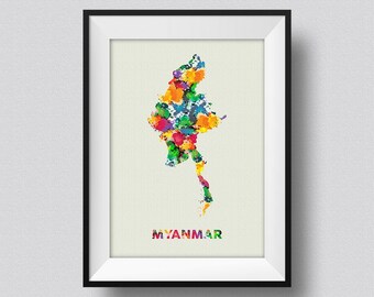 Myanmar Map Watercolor Art Print, Myanmar Watercolor Map, Myanmar Map Print, Myanmar Watercolor Map Print, Myanmar Watercolor Print