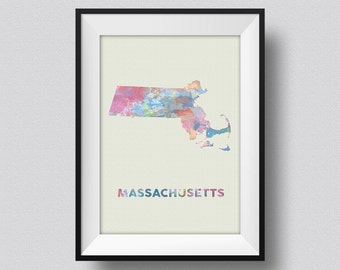 Massachusetts Map USA Watercolor Art Print Massachusetts Ink Splash Map Poster Art Canvas