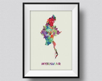 Myanmar Map Watercolor Art Print, Myanmar Watercolor Map, Myanmar Map Print, Myanmar Watercolor Map Print, Myanmar Watercolor Print