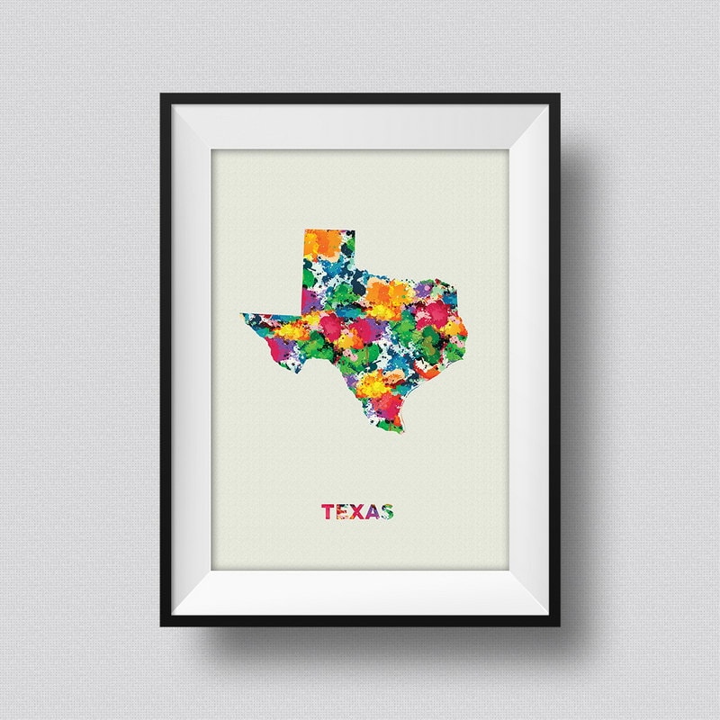 Texas Watercolor Map USA Art Print Texas Ink Splash Map Poster Art ...