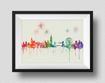 London Skyline Rainbow Watercolor Map Art Print London Skyline United Kingdom Ink Splash Poster Art Canvas