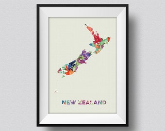 New Zealand Watercolor Map Art Print New Zealand Ink Splash Poster Art Canvas