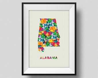 Alabama Map USA Watercolor Art Print Alabama Ink Splash Map Poster Print Art Canvas