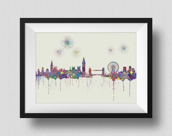 London Skyline Watercolor Map Art Print London Skyline United Kingdom Ink Splash Poster Art Canvas