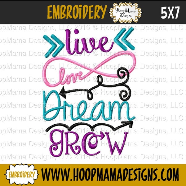 Live Love Dream Grow 4x4 5X7 6X10 Machine Embroidery Design pes jef dst hus vip vp3 xxx exp pec