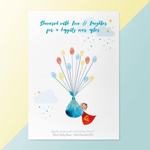 Superbaby! - Baby Shower New Baby Bundle - Unframed Personalised Balloon Fingerprint Tree - Thumbprint Guestbook - Baby Boy