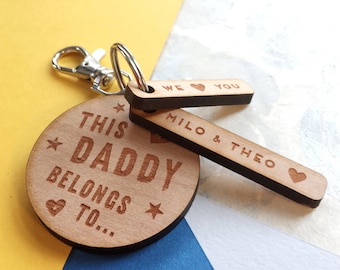 Personalised Father's Day Gift, This Daddy/Dad belongs to...- Personalised Wooden Engraved Keyring - Daddy, Dad, Papa, Pop Personalised Gift