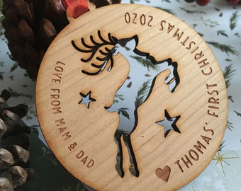 Baby's First Christmas, Personalised Christmas Gift for Baby, Personalised Baby's First Christmas Reindeer and Two Stars Wooden Bauble 2022