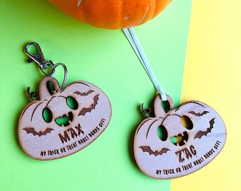 Personalised Halloween Pumpkin Decoration, Trick or Treat 2022 Name Tag, Child's Name Pumpkin Halloween Haul Marker Keyring