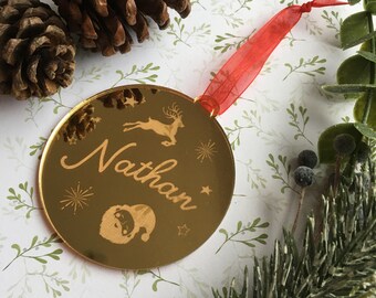 Personalised Santa and Reindeer Christmas Tree Decoration, Luxury Personalised Christmas Gift for Children, Children's Bauble, Santa