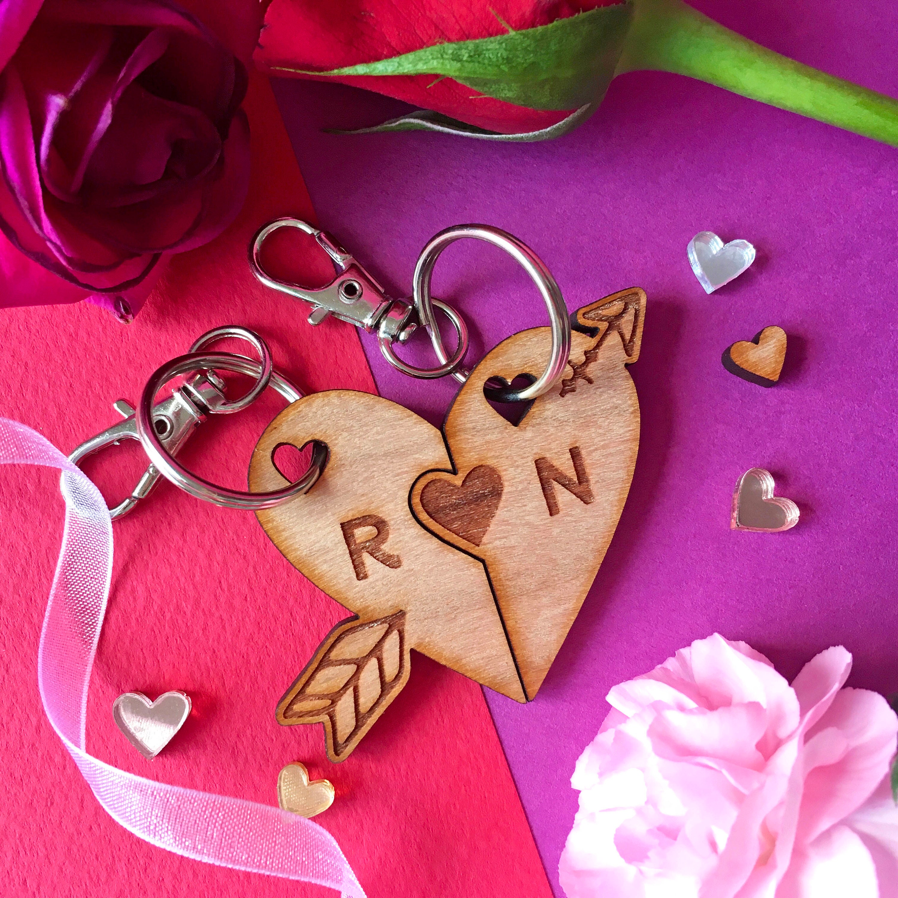 Personalised Love Heart Keyrings: Cupid's Arrow Wooden Couple