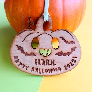 Personalised Halloween Pumpkin Decoration: Child&#39;s Name, Cherry Veneer
