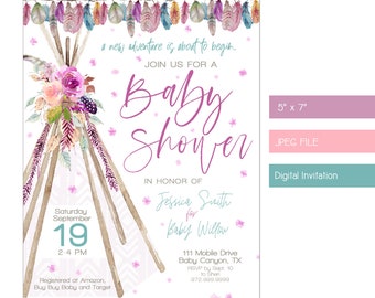 boho baby shower invitation, baby girl shower invitation,  girl baby shower invitation, baby shower invites, baby shower invitation