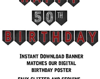 50th Birthday Banner, 50th Birthday Party Decorations, 50th Birthday Party, Printable 50th Birthday Banner, Print Yourself Banner