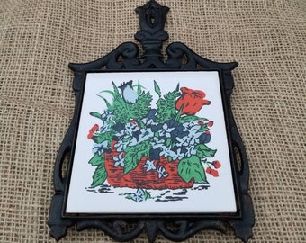 Seven Stars Flower Basket Cast Iron Tile Trivet  Cottage Kitchen Decor  Trivet Wall Hanging