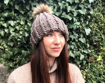 Last One !!!Luxurious woolly hat with fur pom pom/One Size/Chunky Knit Woolly Hat/Hand knit hat/Lambswool hat/Beanie hat/Winter hat