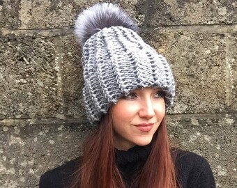 Last One !!!Luxurious woolly hat with fur pom pom/One Size/Chunky Knit Woolly Hat/Hand knit hat/Lambswool hat/Beanie hat/Winter hat