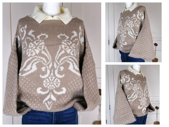 Brown patterned knit sweater UK 10 12 14 80s novel