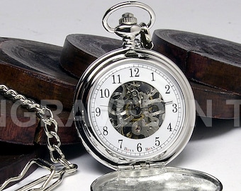 Engraved Skeleton Pocket Watch - Arabic Numeral Pocket Watch Personalized - Silver Colour - Gift Boxed - PW-1-M-ARB